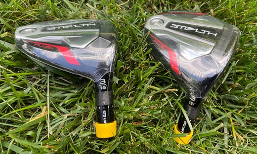Pair of TaylorMade Stealth Plus HL fairway heads highlighting tour-only loft stamping